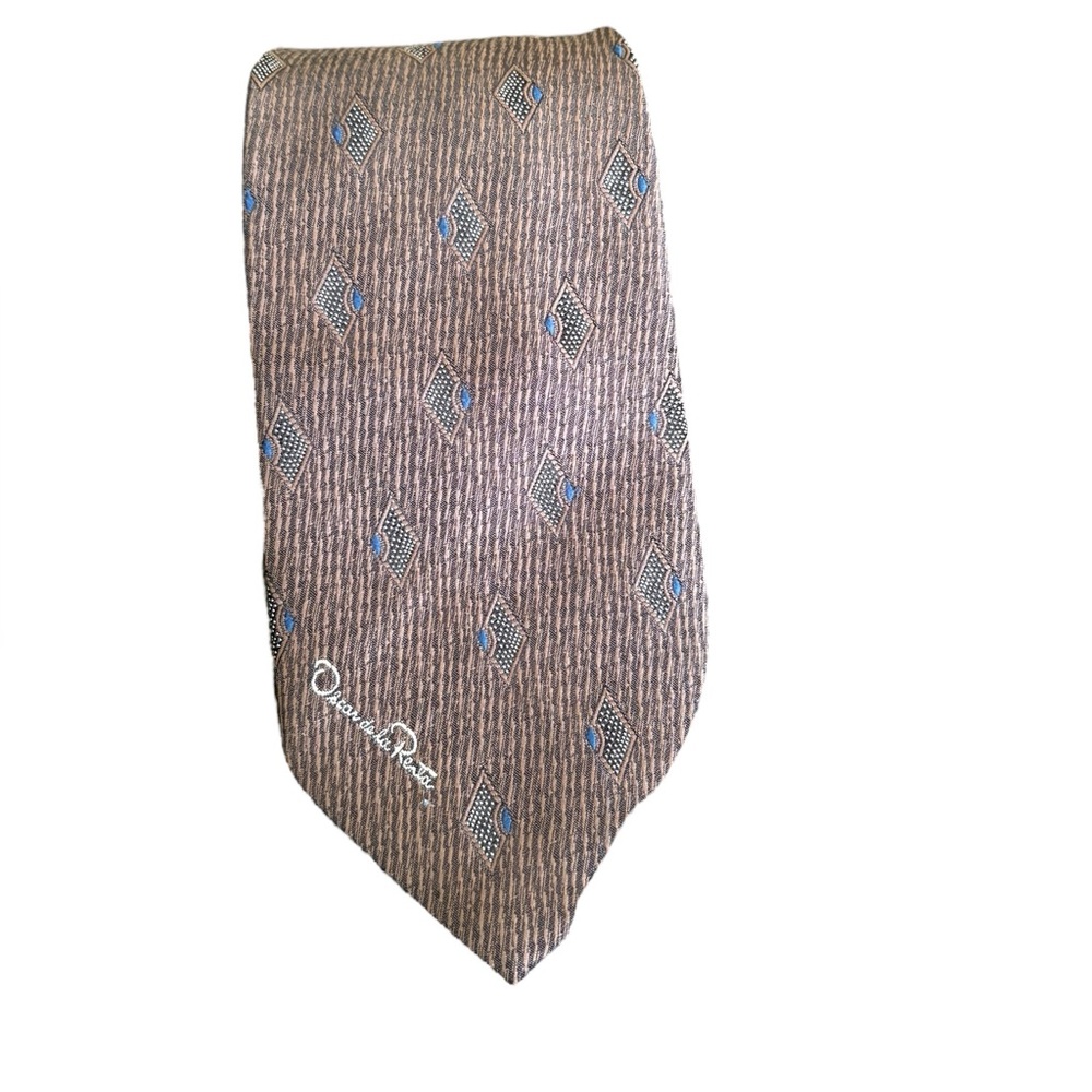 Oscar de la Renta Men's Tie Brown Blue Diamond Pattern Neckwear Classic VTG‎